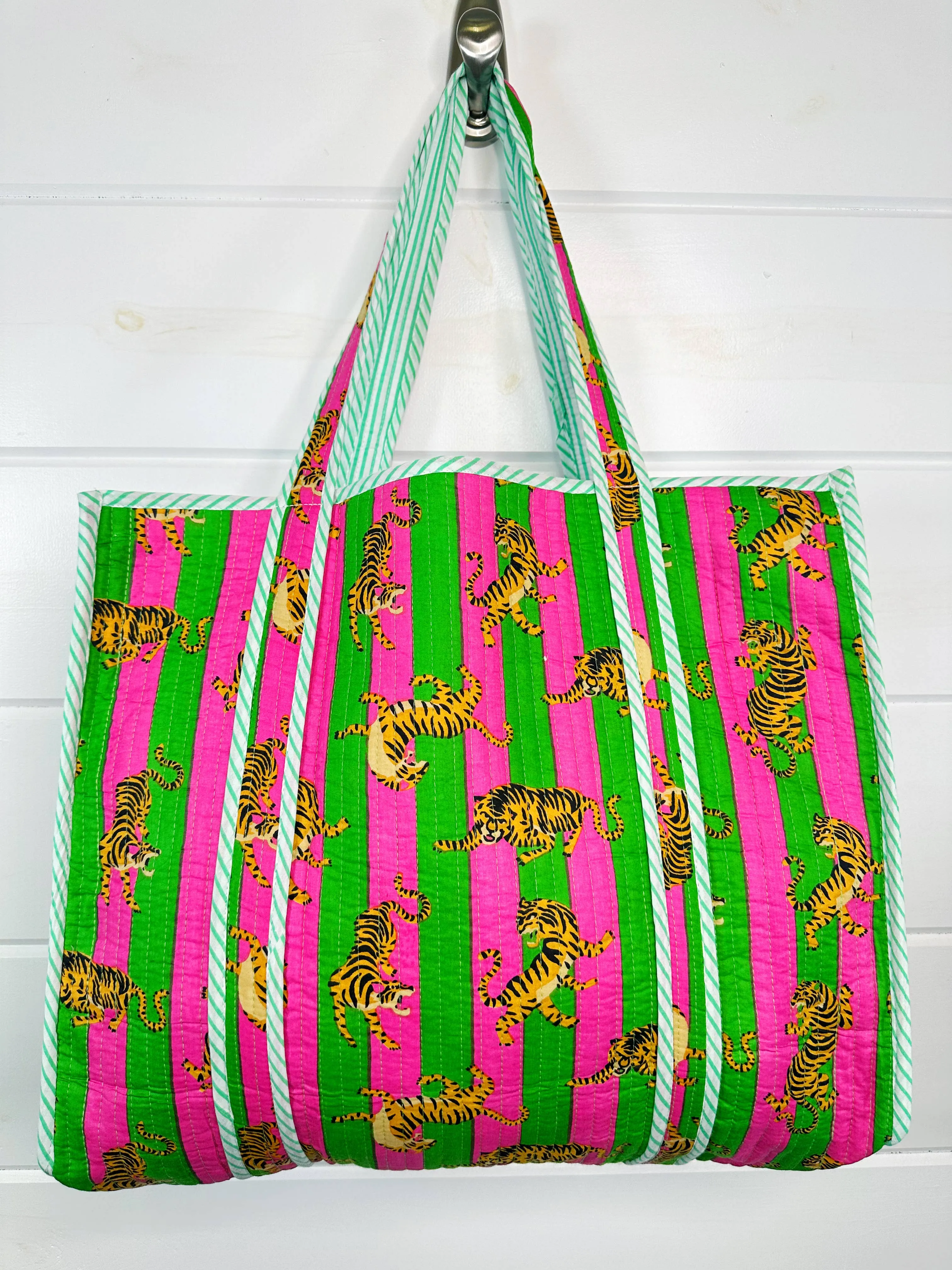 Iconic Oversized Quilted Tote Bag in Green Stripes/Tiger