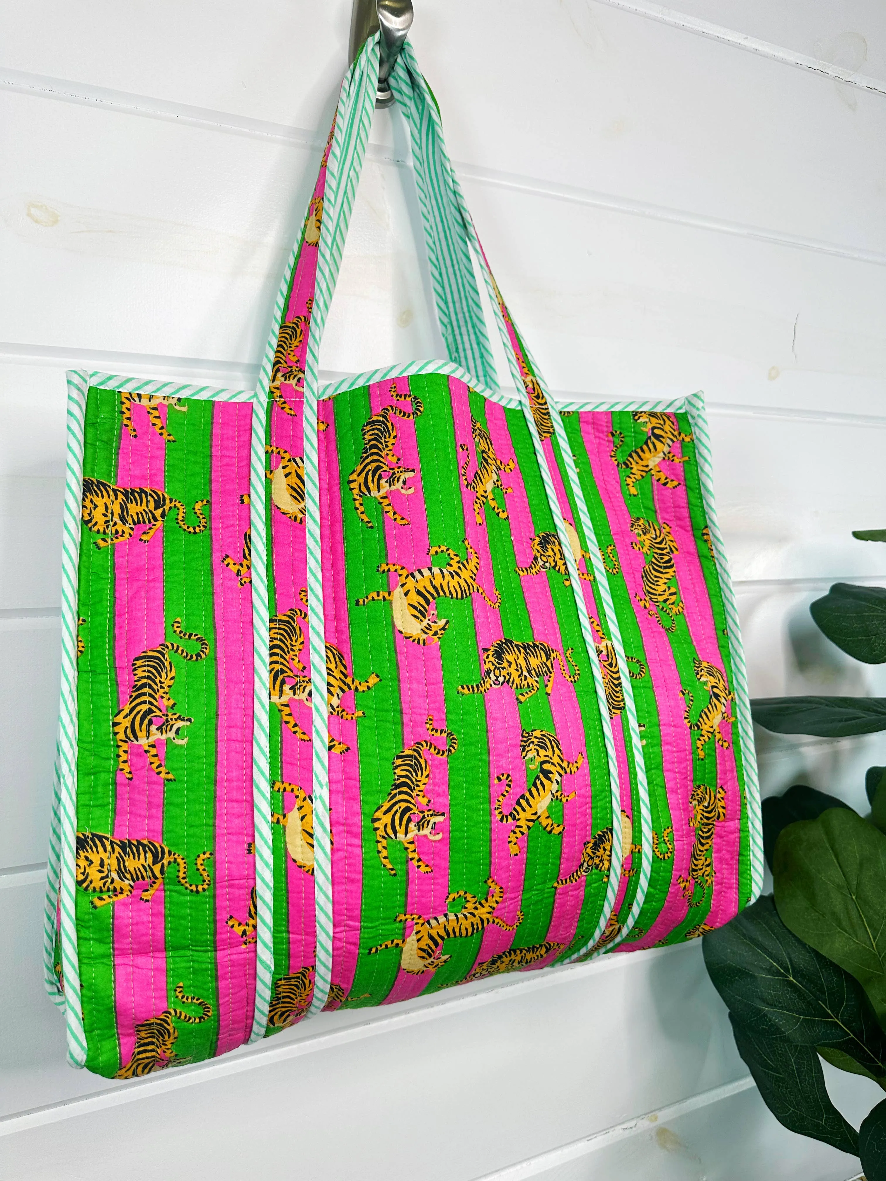 Iconic Oversized Quilted Tote Bag in Green Stripes/Tiger
