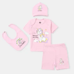 Infant Girls Cotton Interlock 4 Piece Set (T-Shirt/Short/Cap/Bib)-mIX