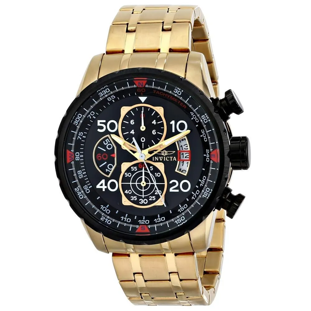 Invicta Men's Chronograph Watch - Aviator Black Dial Yellow Steel Bracelet | 17206