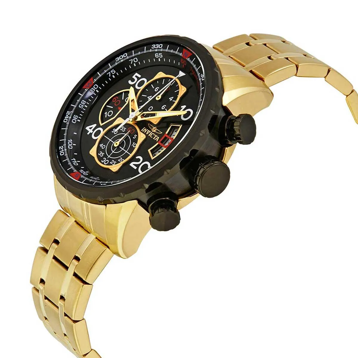 Invicta Men's Chronograph Watch - Aviator Black Dial Yellow Steel Bracelet | 17206