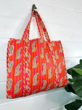 Jaguar Quilted Tote Bag - Orange/Pink