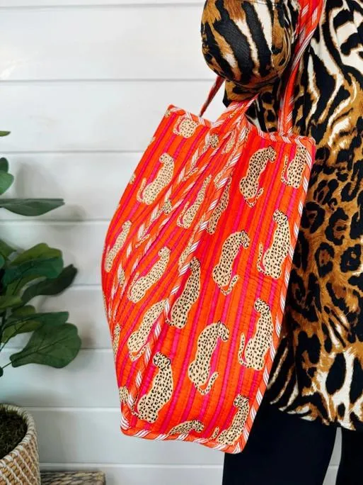 Jaguar Quilted Tote Bag - Orange/Pink