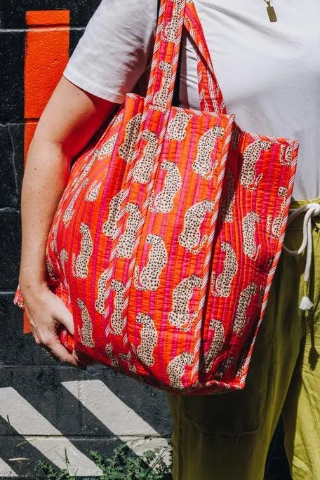 Jaguar Quilted Tote Bag - Orange/Pink