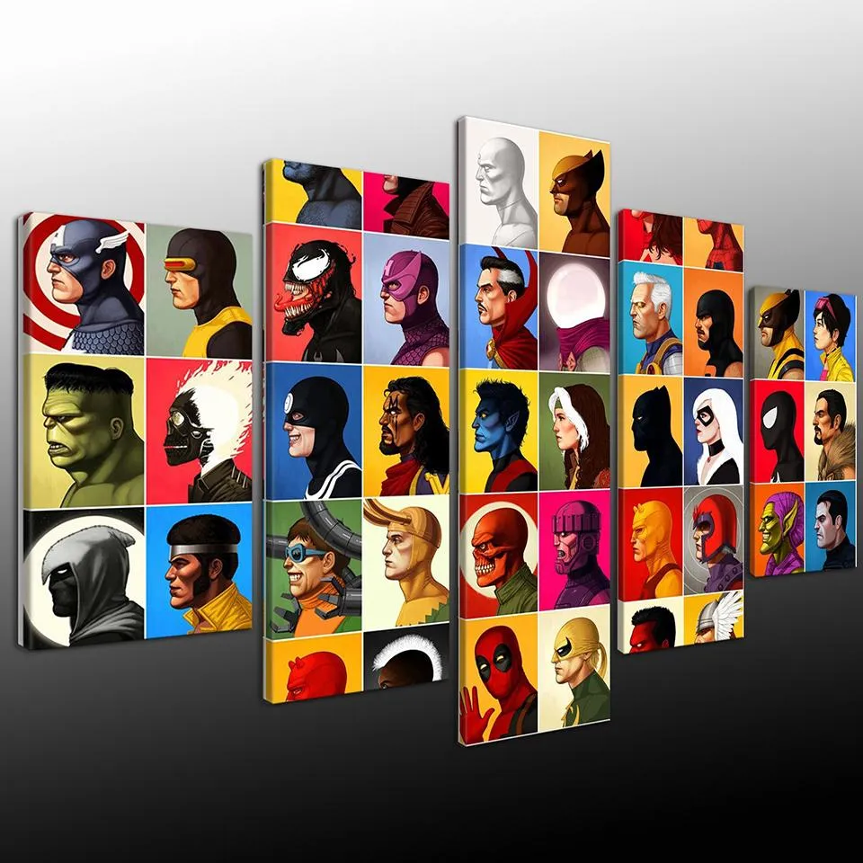 Large Framed Comic Book Characters 5 Piece Canvas Print Wall Art Home Decor