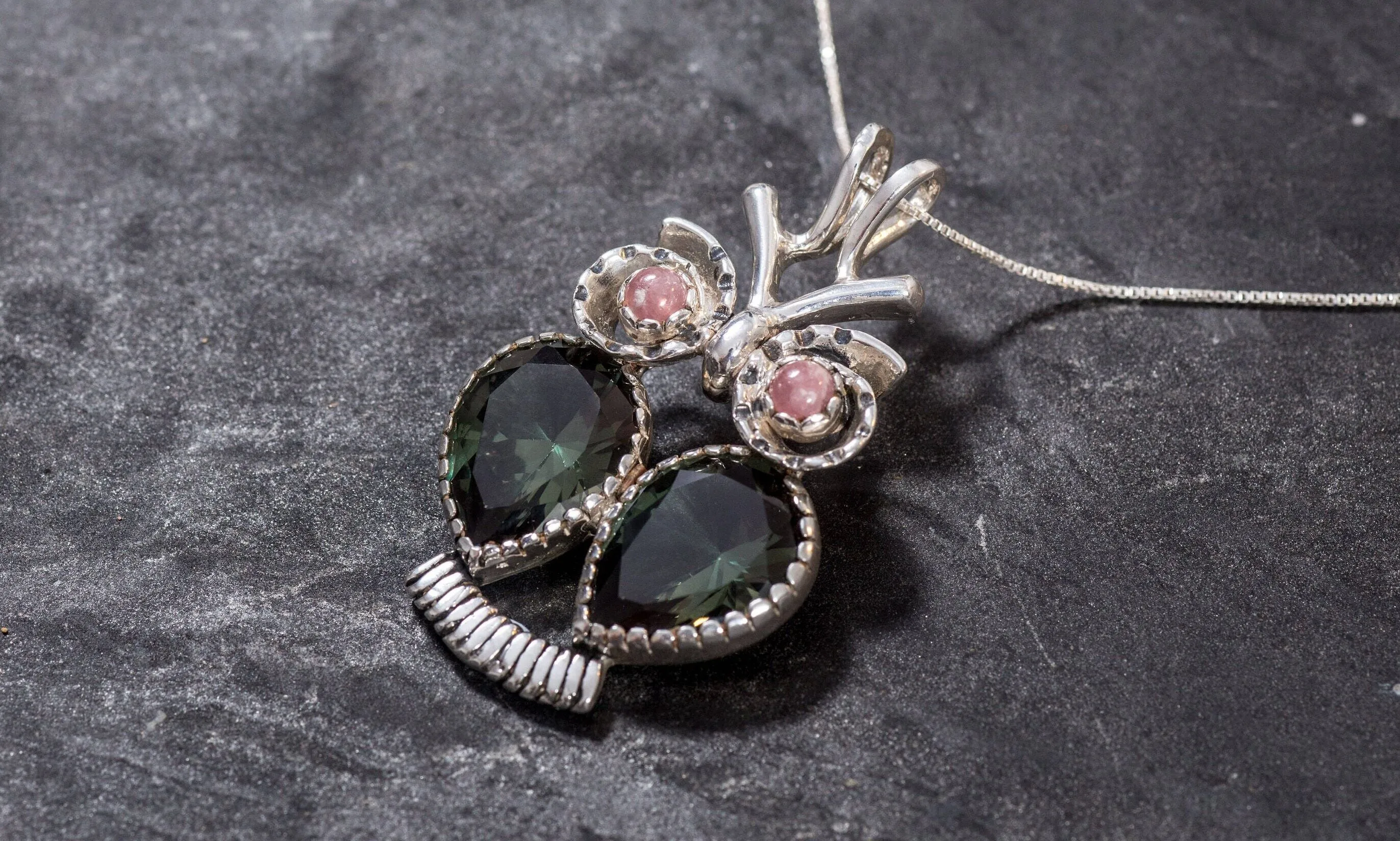 Large Owl Necklace - Green Diamond Necklace - Real Rhodochrosite Necklace