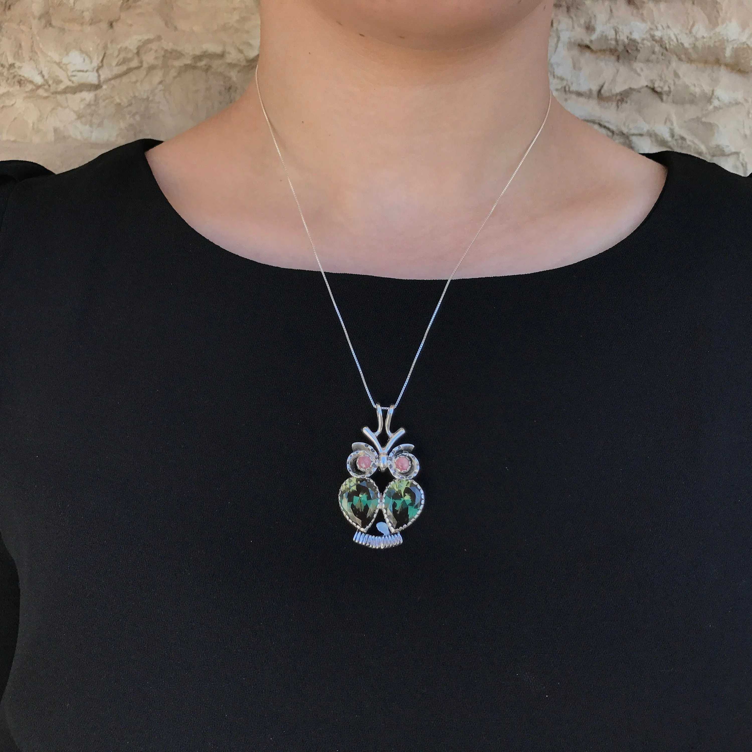 Large Owl Necklace - Green Diamond Necklace - Real Rhodochrosite Necklace