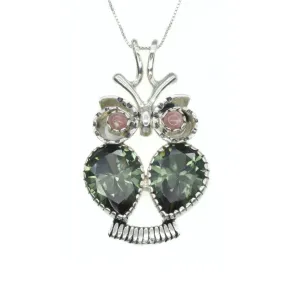Large Owl Necklace - Green Diamond Necklace - Real Rhodochrosite Necklace