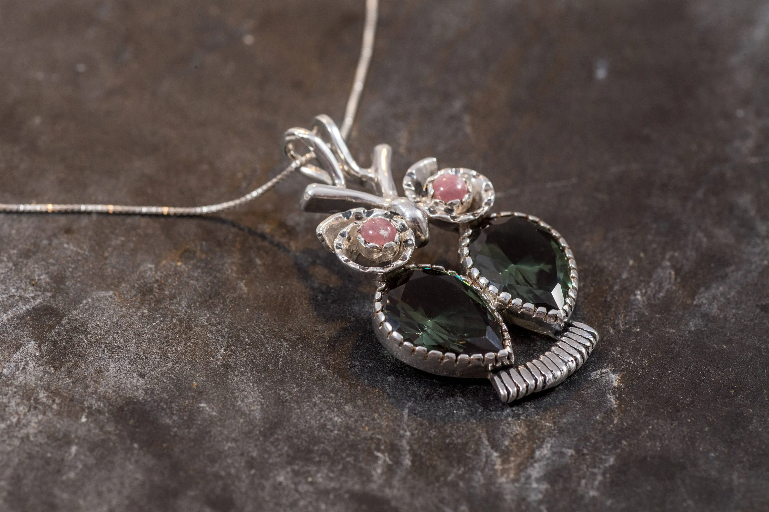 Large Owl Necklace - Green Diamond Necklace - Real Rhodochrosite Necklace