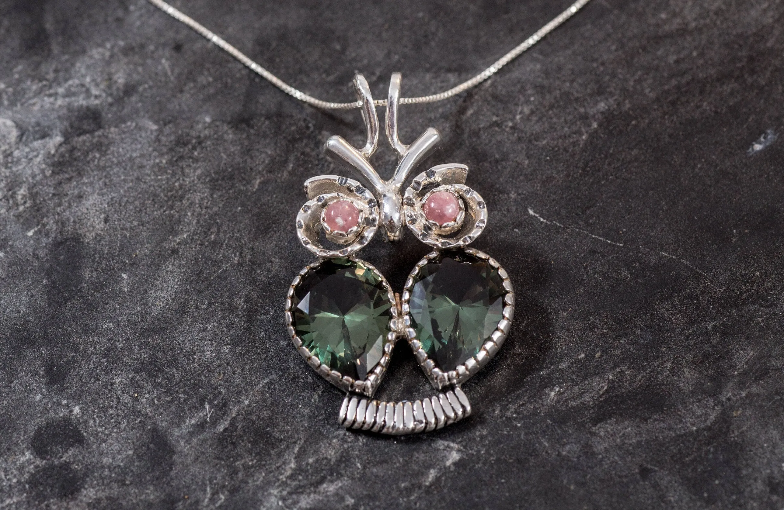 Large Owl Necklace - Green Diamond Necklace - Real Rhodochrosite Necklace
