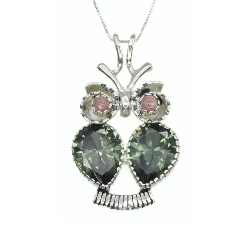 Large Owl Necklace - Green Diamond Necklace - Real Rhodochrosite Necklace