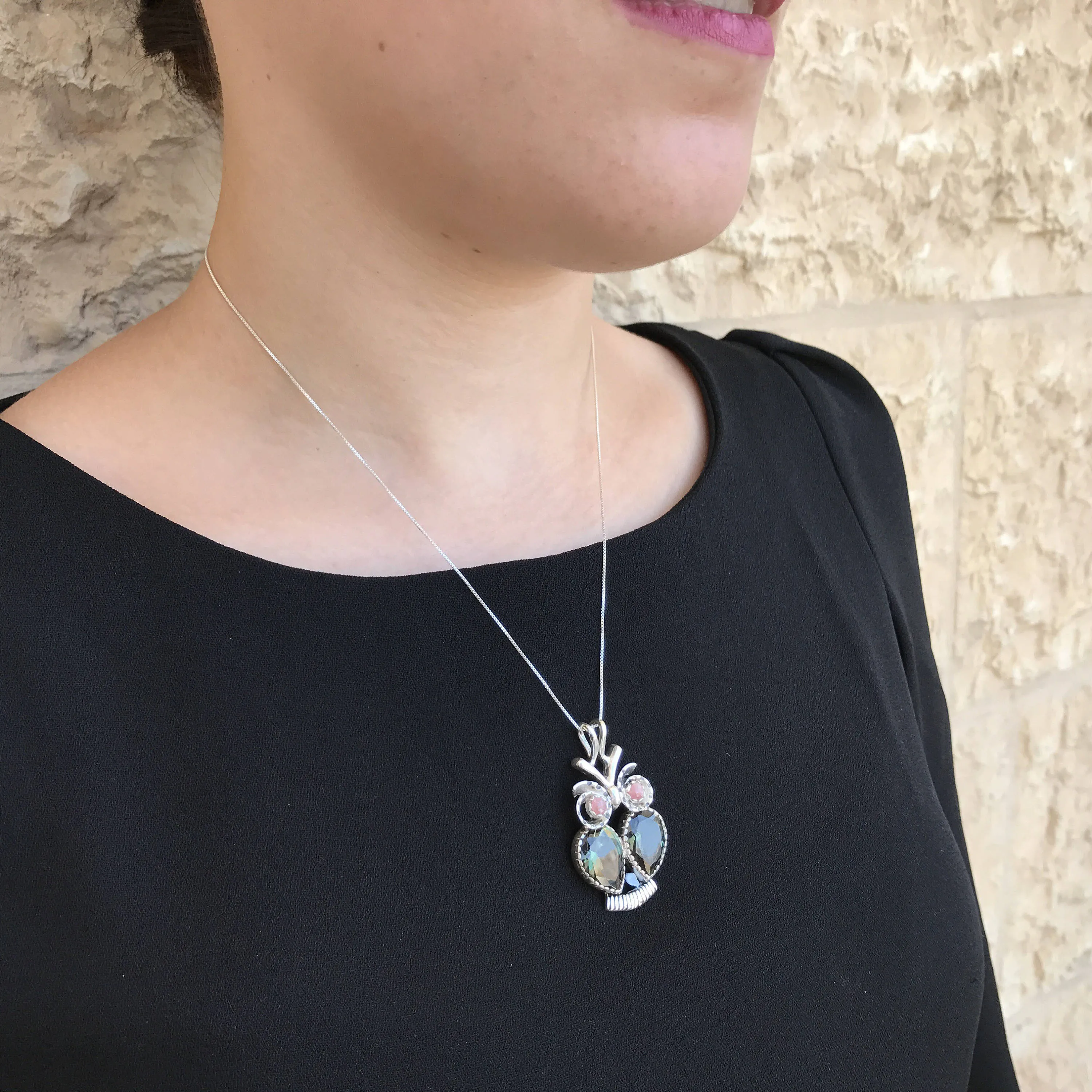 Large Owl Necklace - Green Diamond Necklace - Real Rhodochrosite Necklace