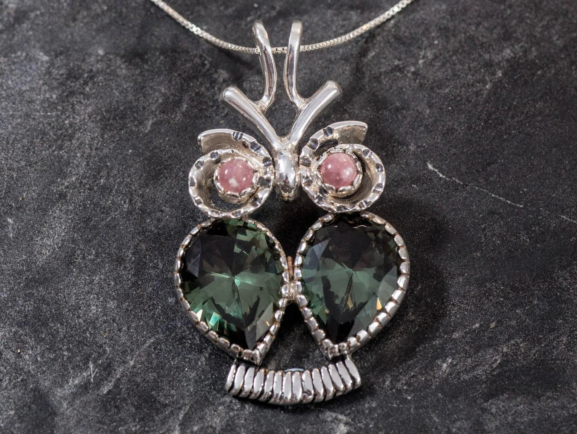 Large Owl Necklace - Green Diamond Necklace - Real Rhodochrosite Necklace