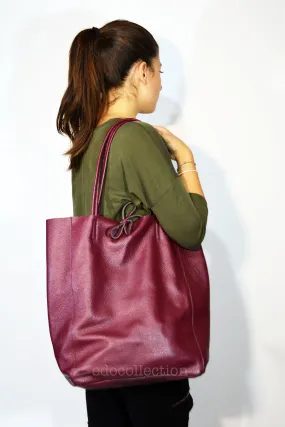 Leather Shopper Tote Bag-Burgundy