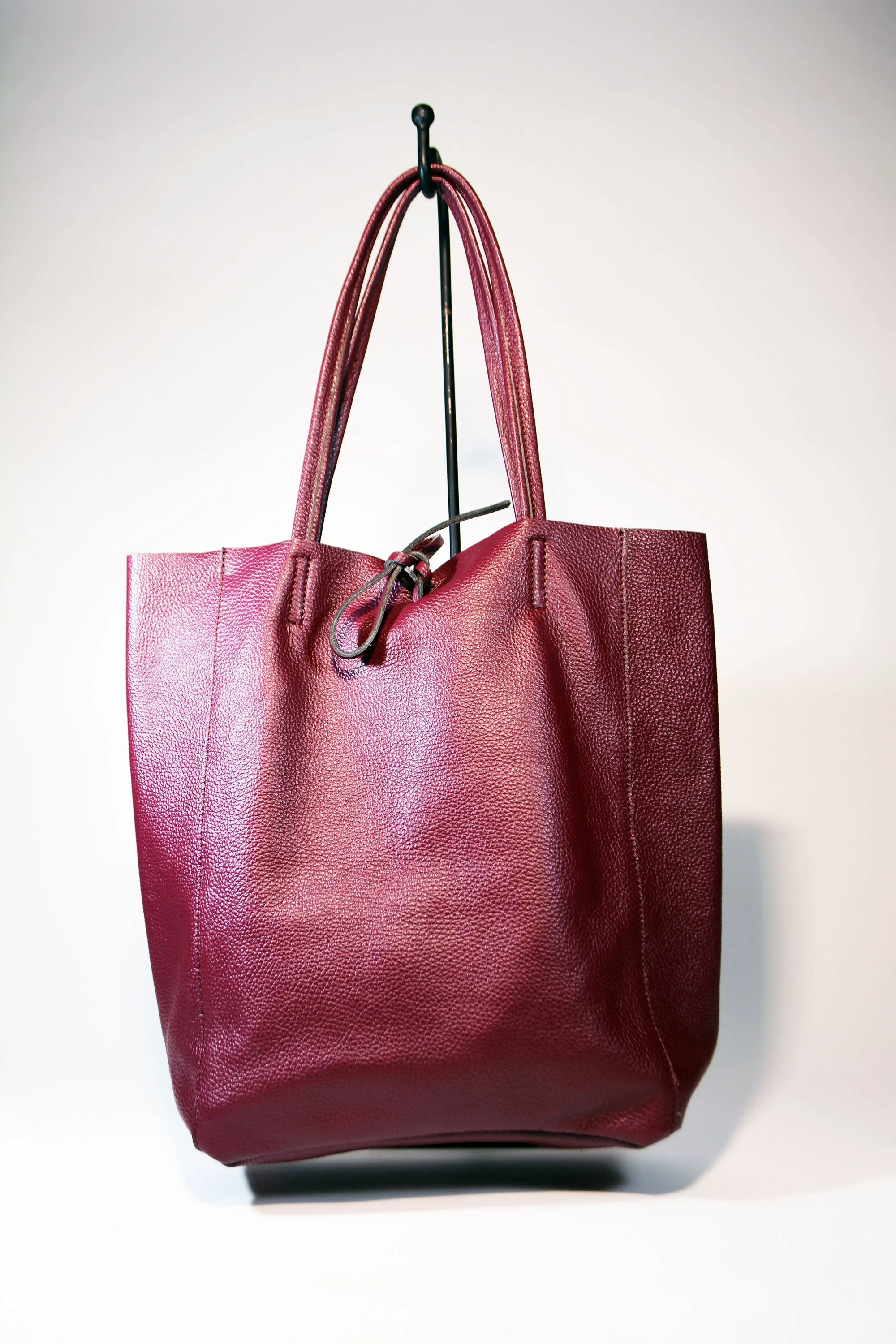 Leather Shopper Tote Bag-Burgundy