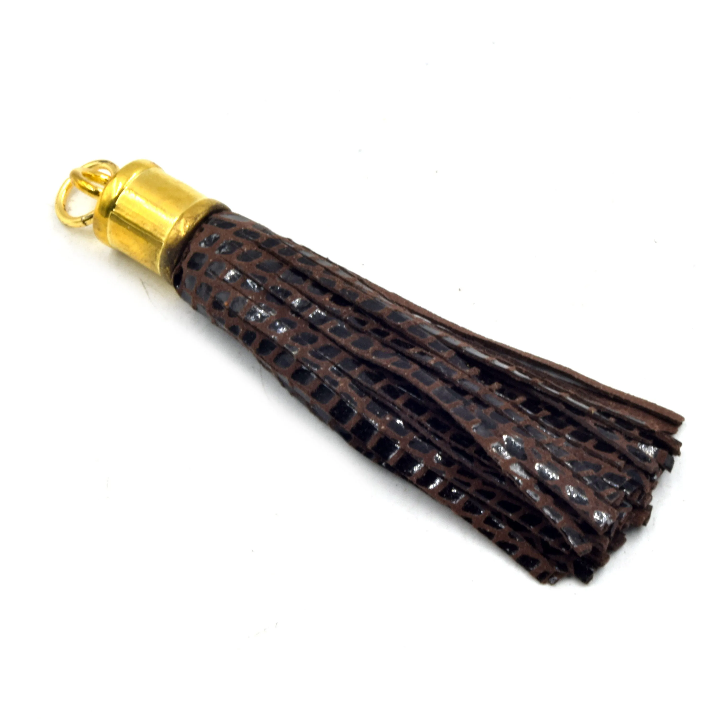 Leather Tassel | 3 Inch Textured Tassel with Attached Ring Gold Cap | Animal Print Tassels