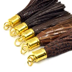Leather Tassel | 3 Inch Textured Tassel with Attached Ring Gold Cap | Animal Print Tassels