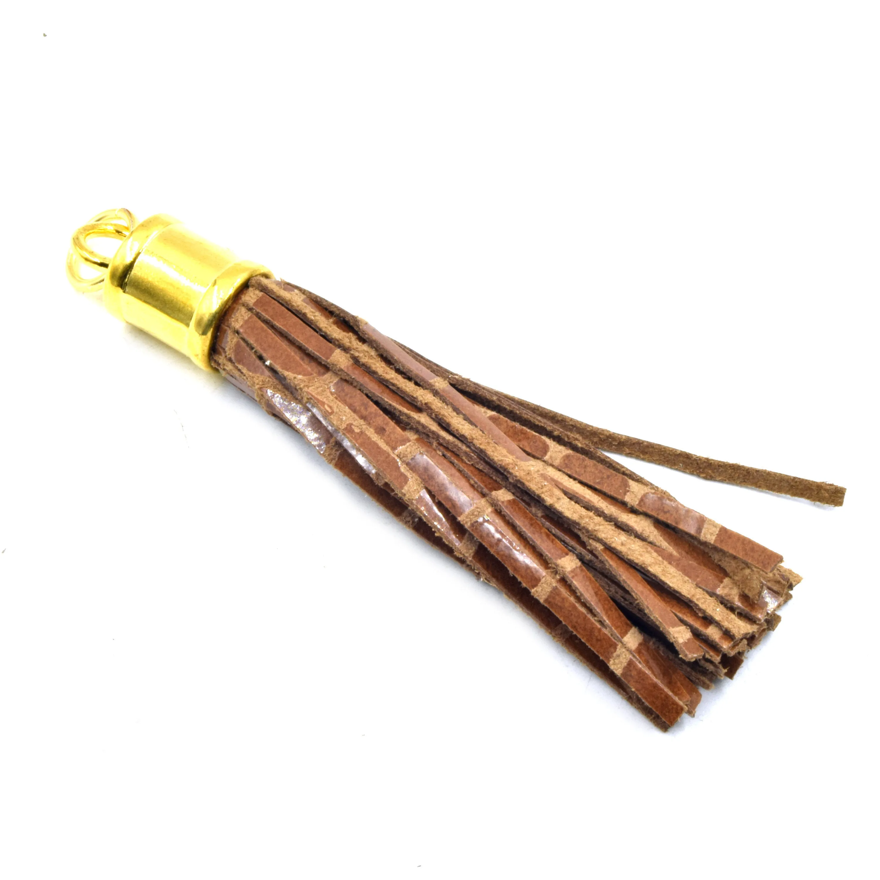 Leather Tassel | 3 Inch Textured Tassel with Attached Ring Gold Cap | Animal Print Tassels