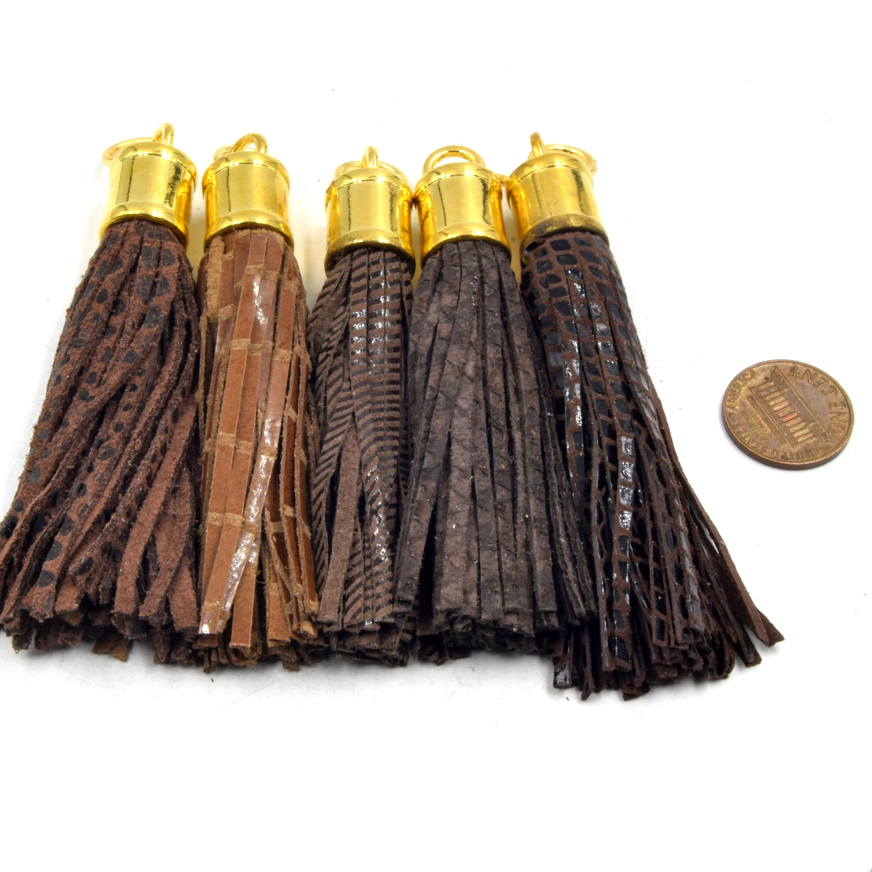 Leather Tassel | 3 Inch Textured Tassel with Attached Ring Gold Cap | Animal Print Tassels