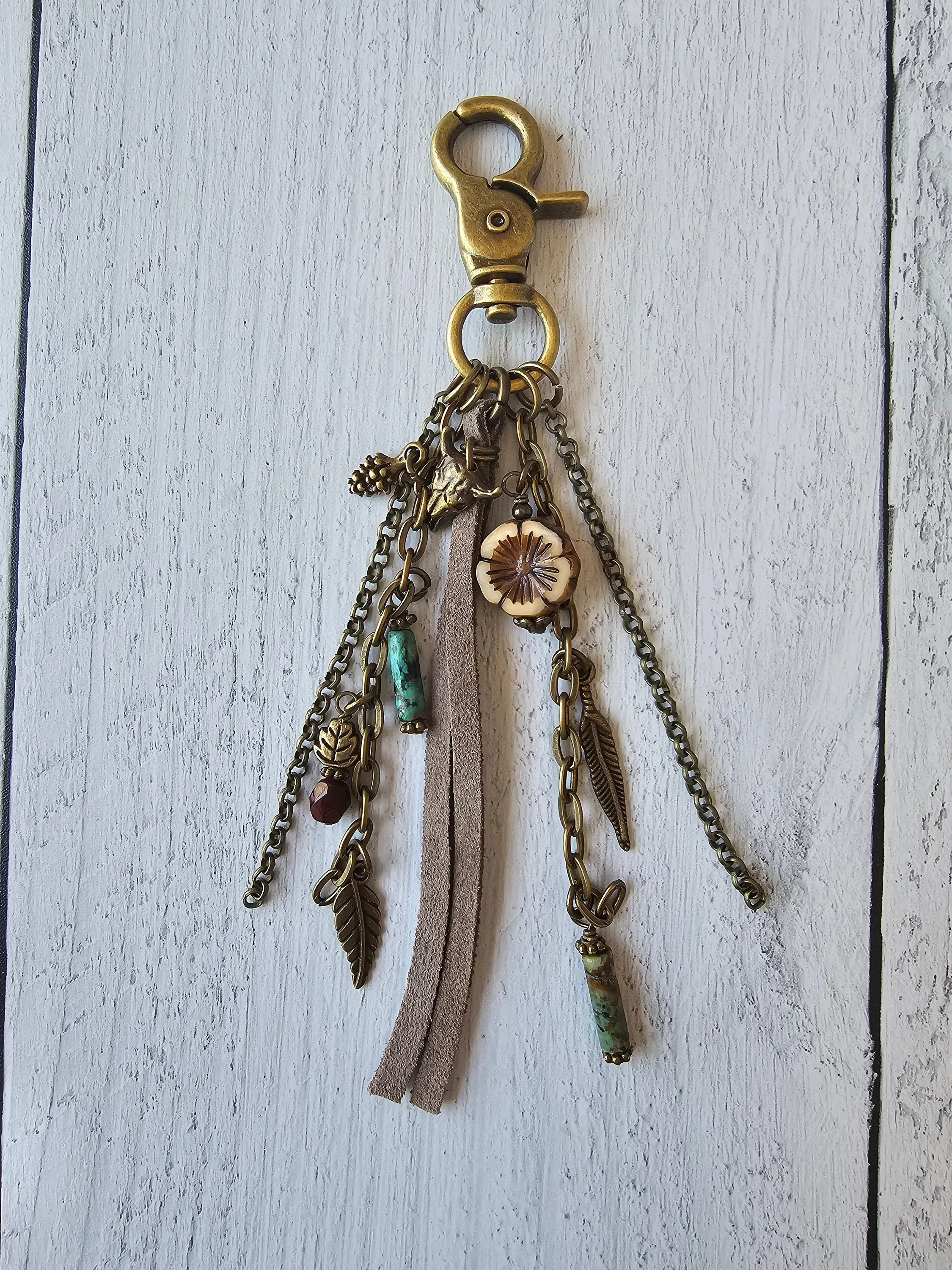 Leather Tassel Bag Charm With African Faux Turquoise Jasper and Czech Beaded Charms