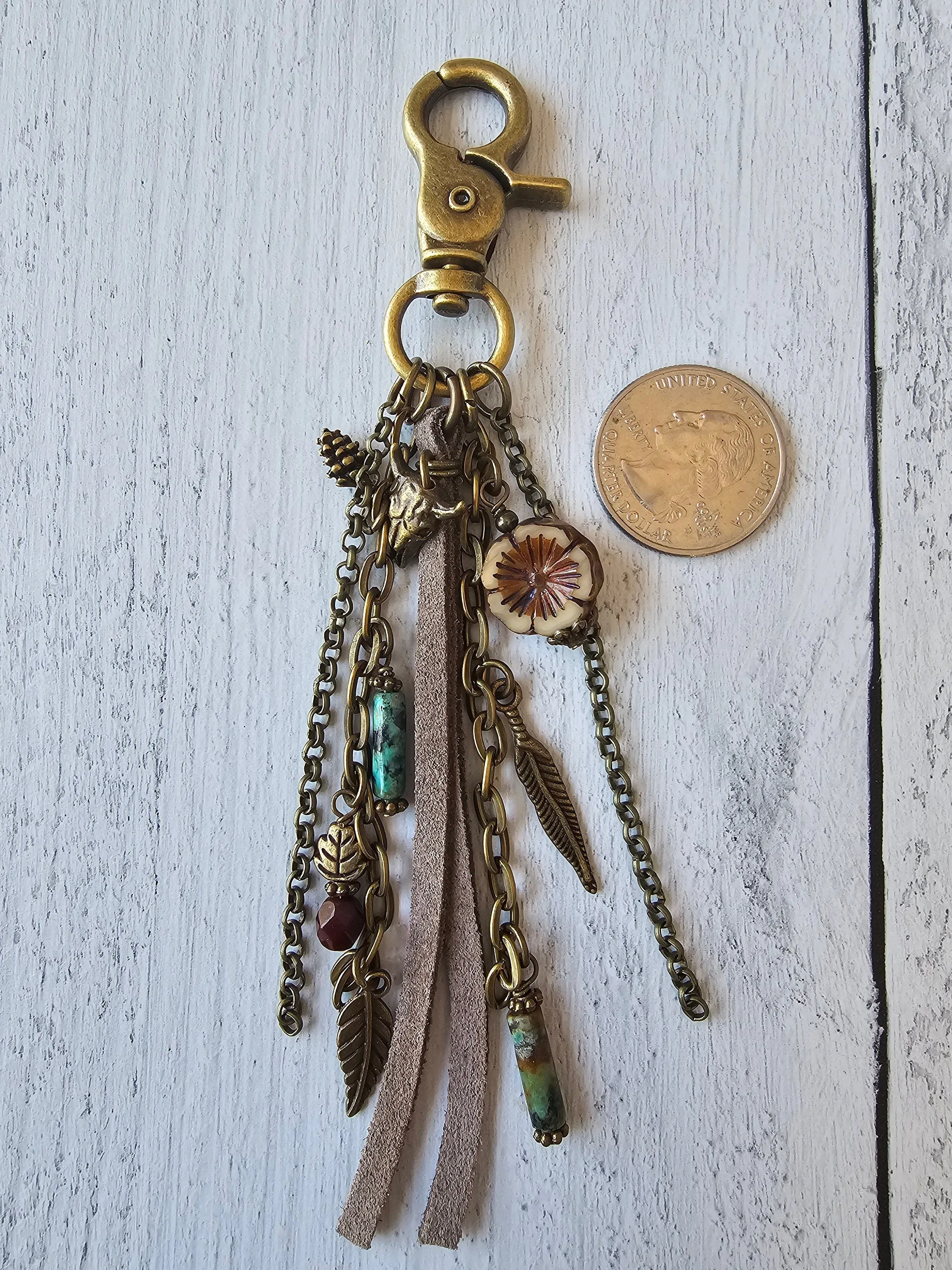 Leather Tassel Bag Charm With African Faux Turquoise Jasper and Czech Beaded Charms