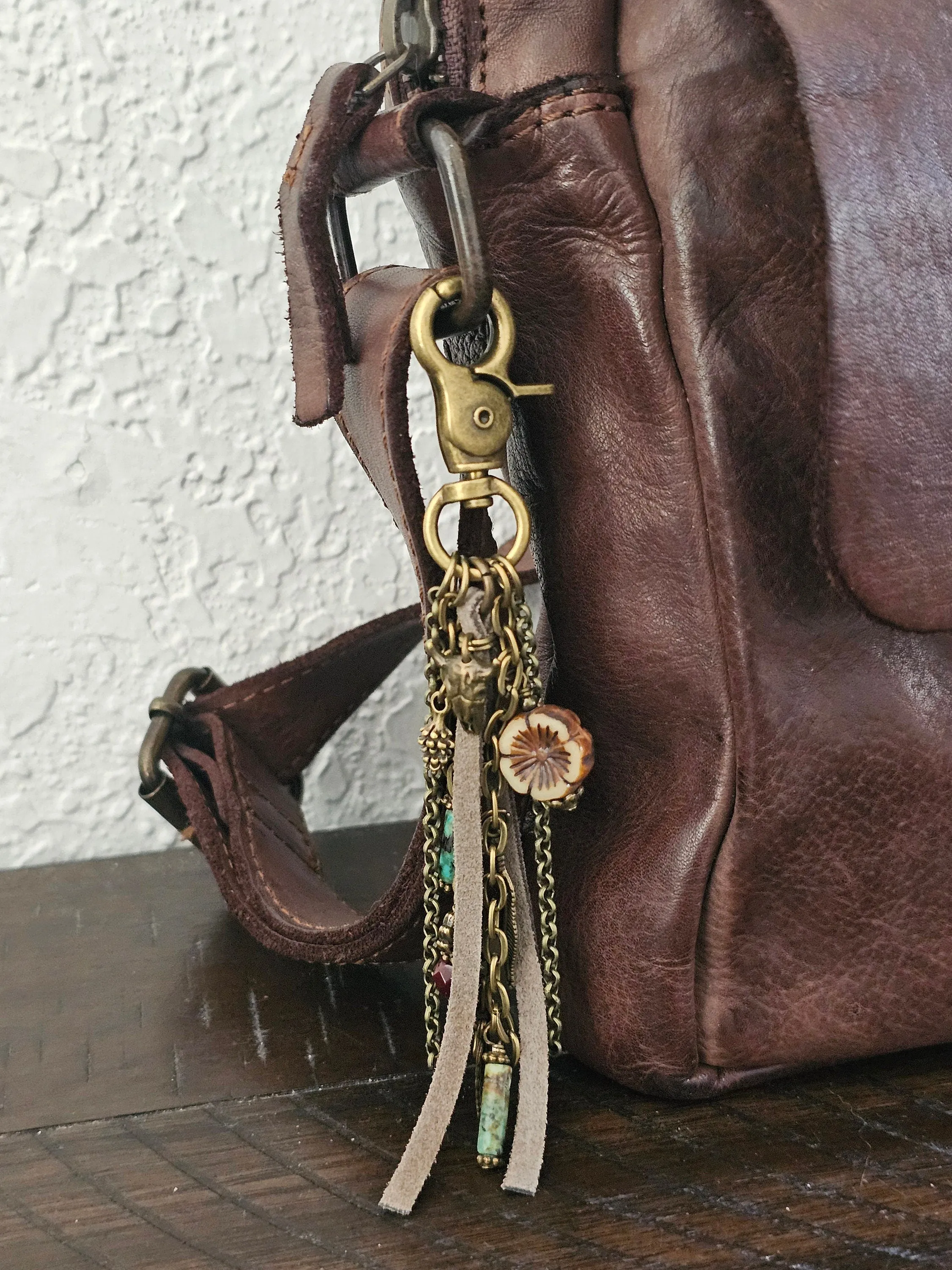 Leather Tassel Bag Charm With African Faux Turquoise Jasper and Czech Beaded Charms
