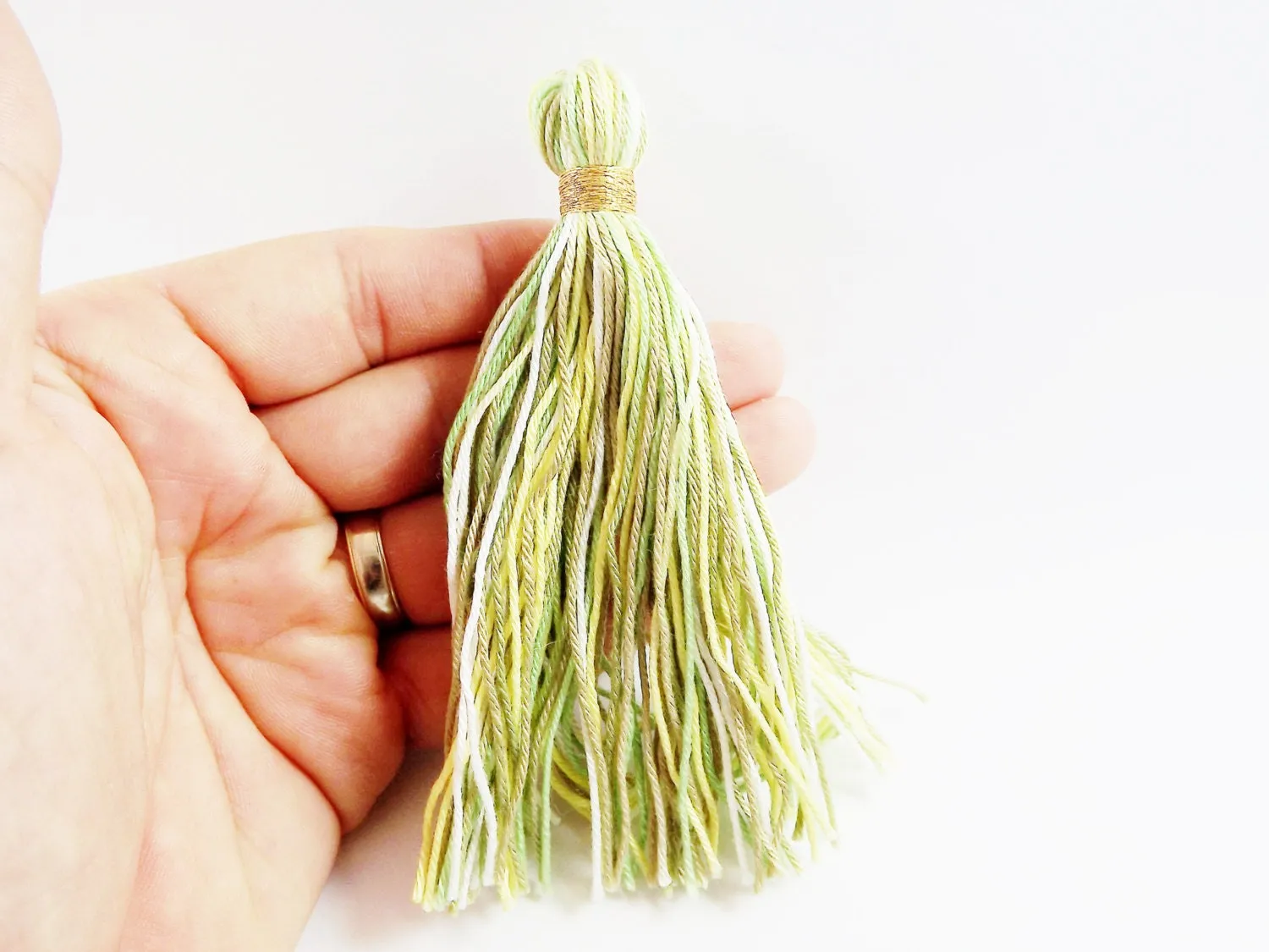 Long Spring Green Lemon Multi color Handmade Cotton Wool Thread Tassel - 4.5 inches - 115mm - 1pc
