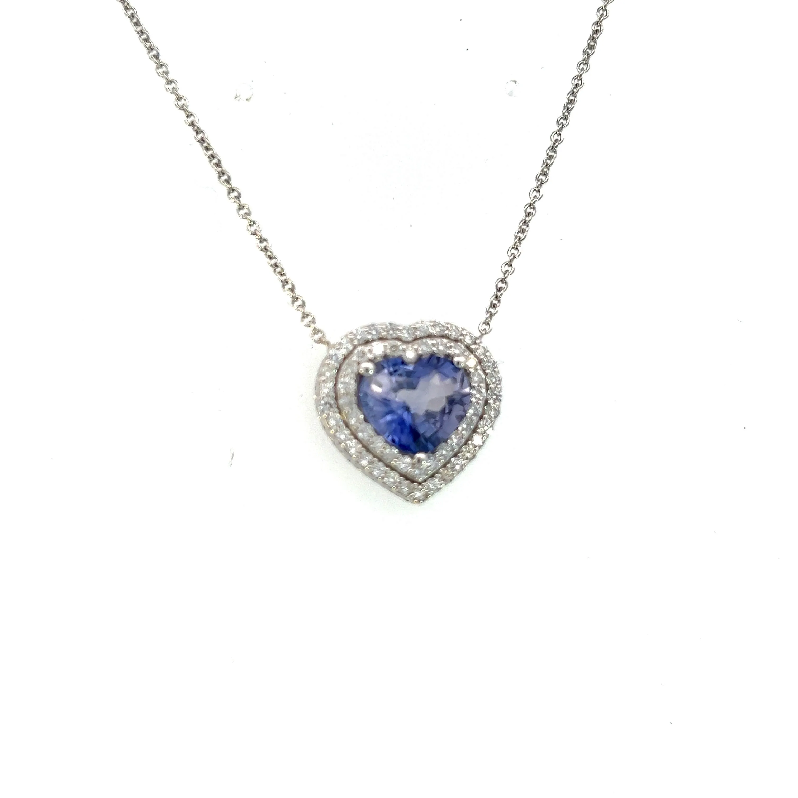 Natural Heart Sapphire Diamond Pendant 18" 14k W Gold 4.13 TCW Certified $5,950 310656