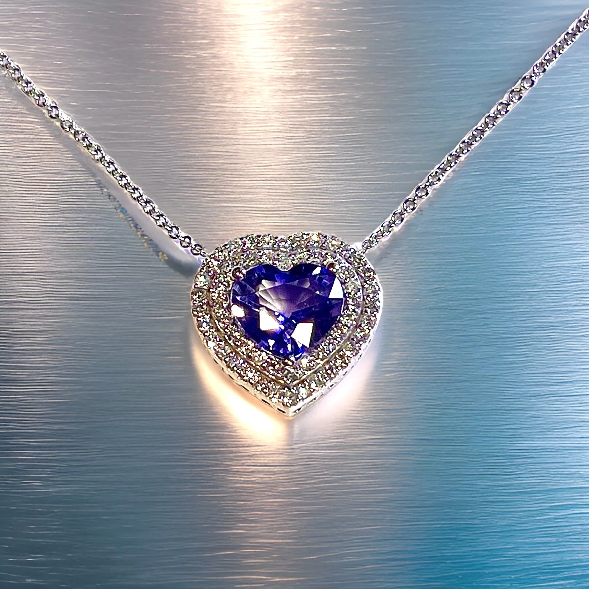 Natural Heart Sapphire Diamond Pendant 18" 14k W Gold 4.13 TCW Certified $5,950 310656