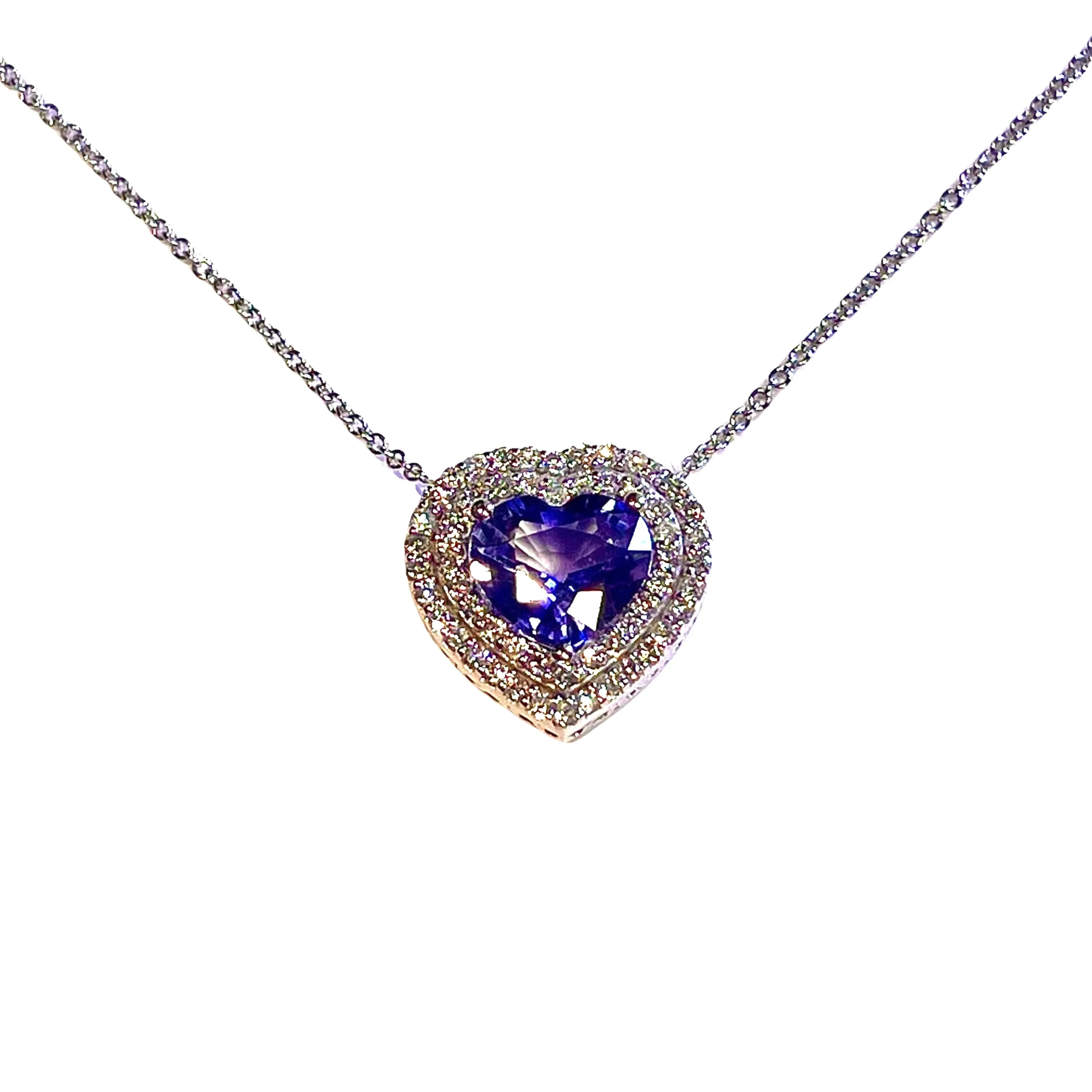 Natural Heart Sapphire Diamond Pendant 18" 14k W Gold 4.13 TCW Certified $5,950 310656
