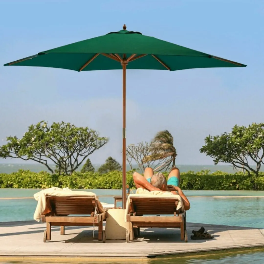Parasol Pulley System 2.4m Green Garden Sun Shade Umbrella Wooden