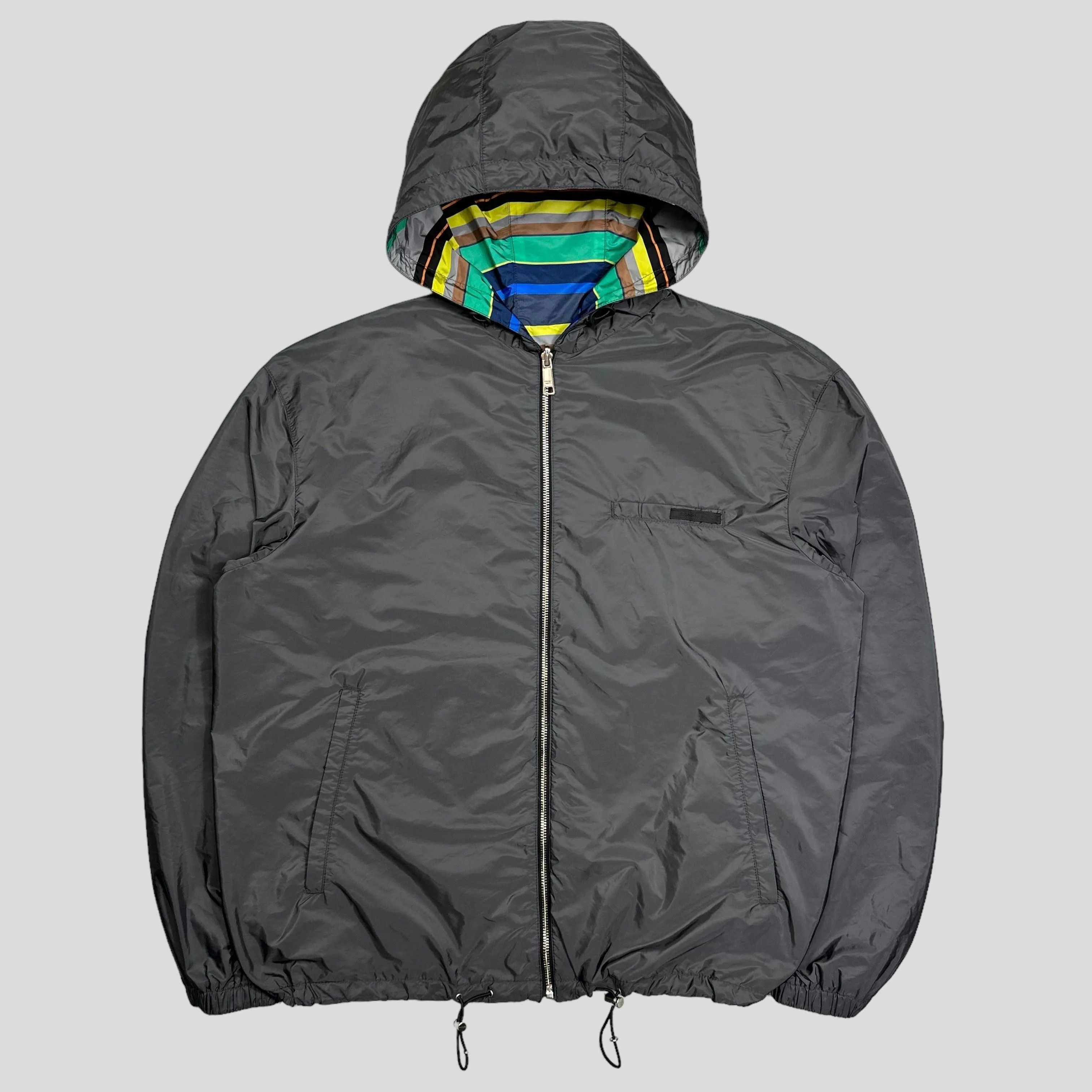 Prada Milano 2018 Reversible Striped Rubber Logo Jacket - S/M