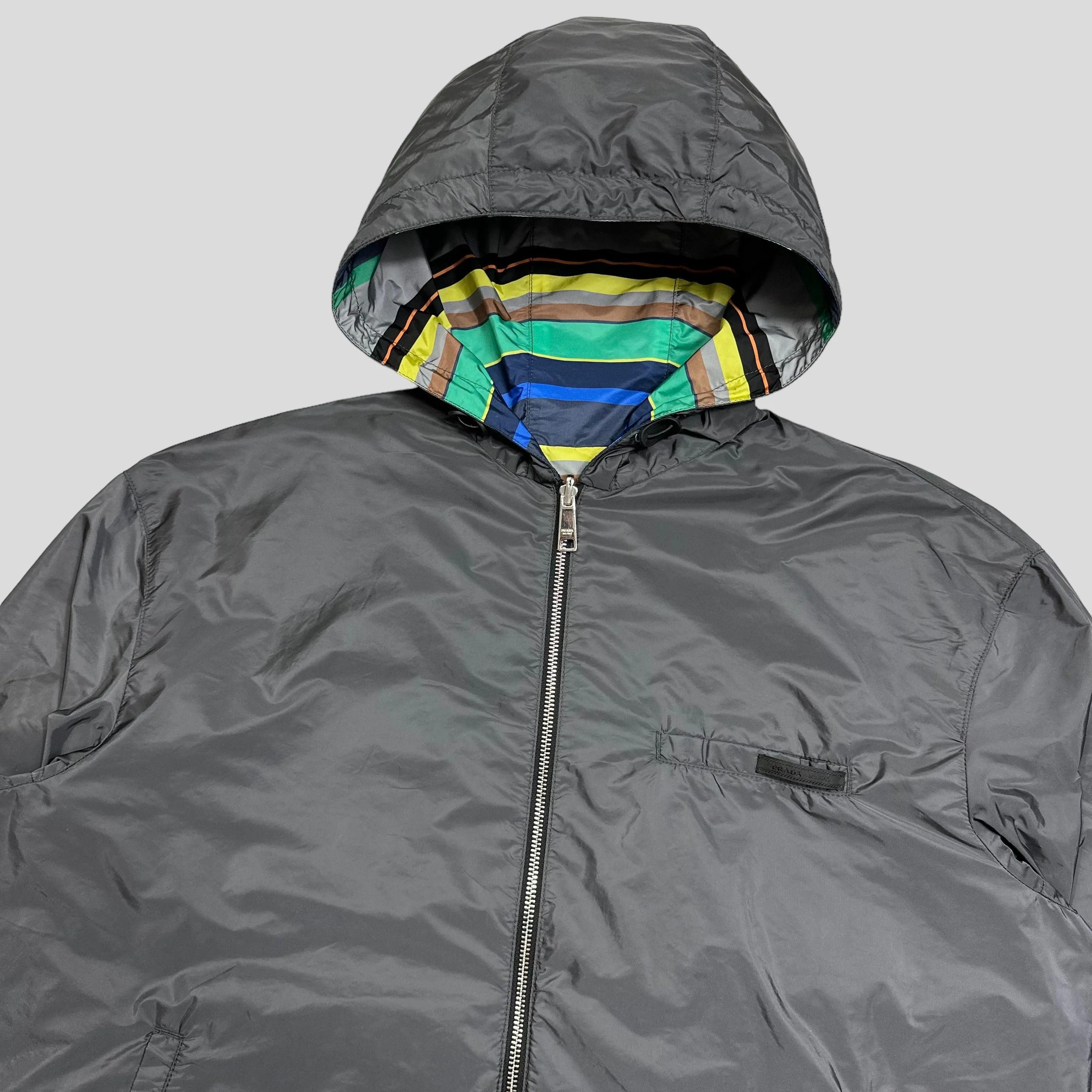 Prada Milano 2018 Reversible Striped Rubber Logo Jacket - S/M