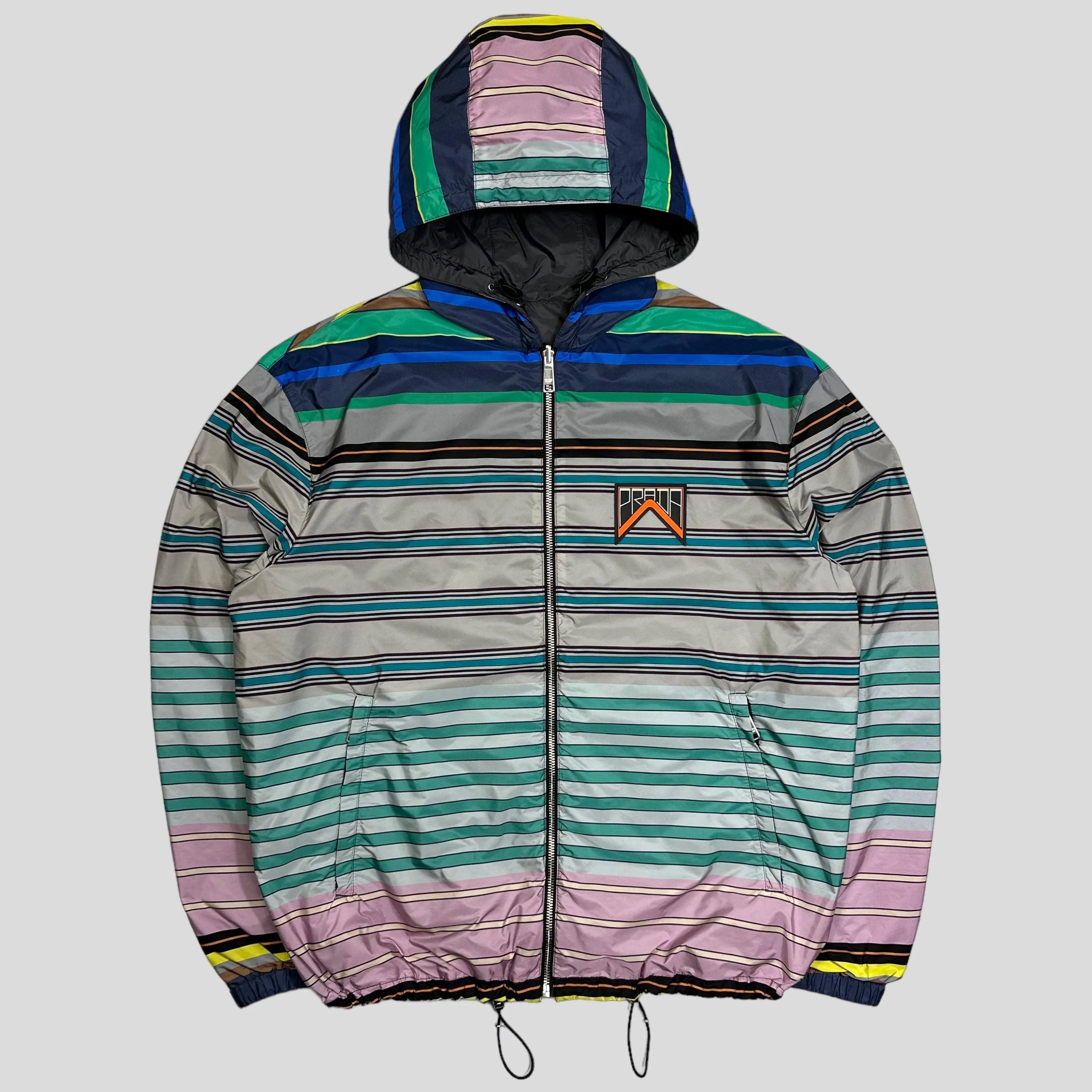 Prada Milano 2018 Reversible Striped Rubber Logo Jacket - S/M