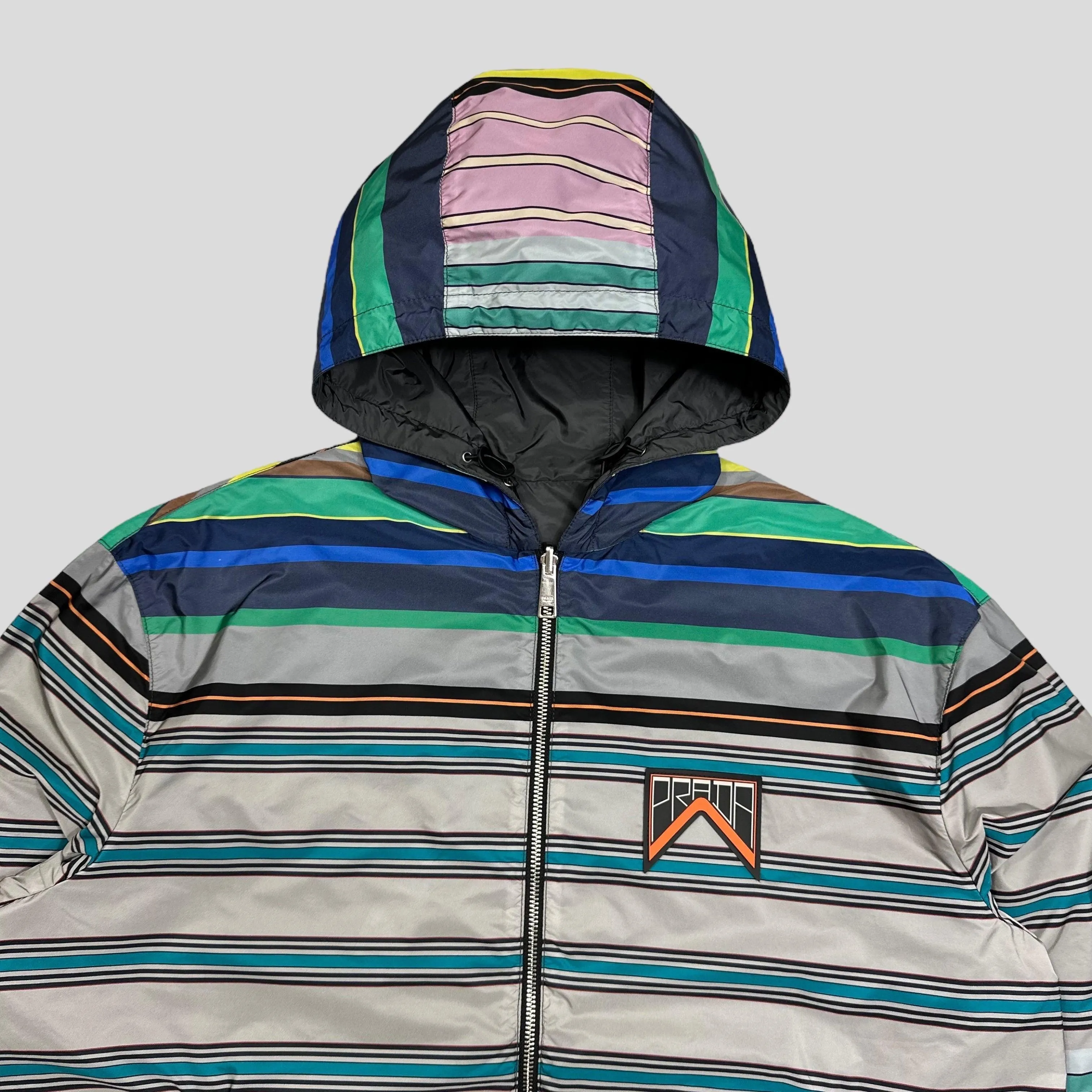 Prada Milano 2018 Reversible Striped Rubber Logo Jacket - S/M