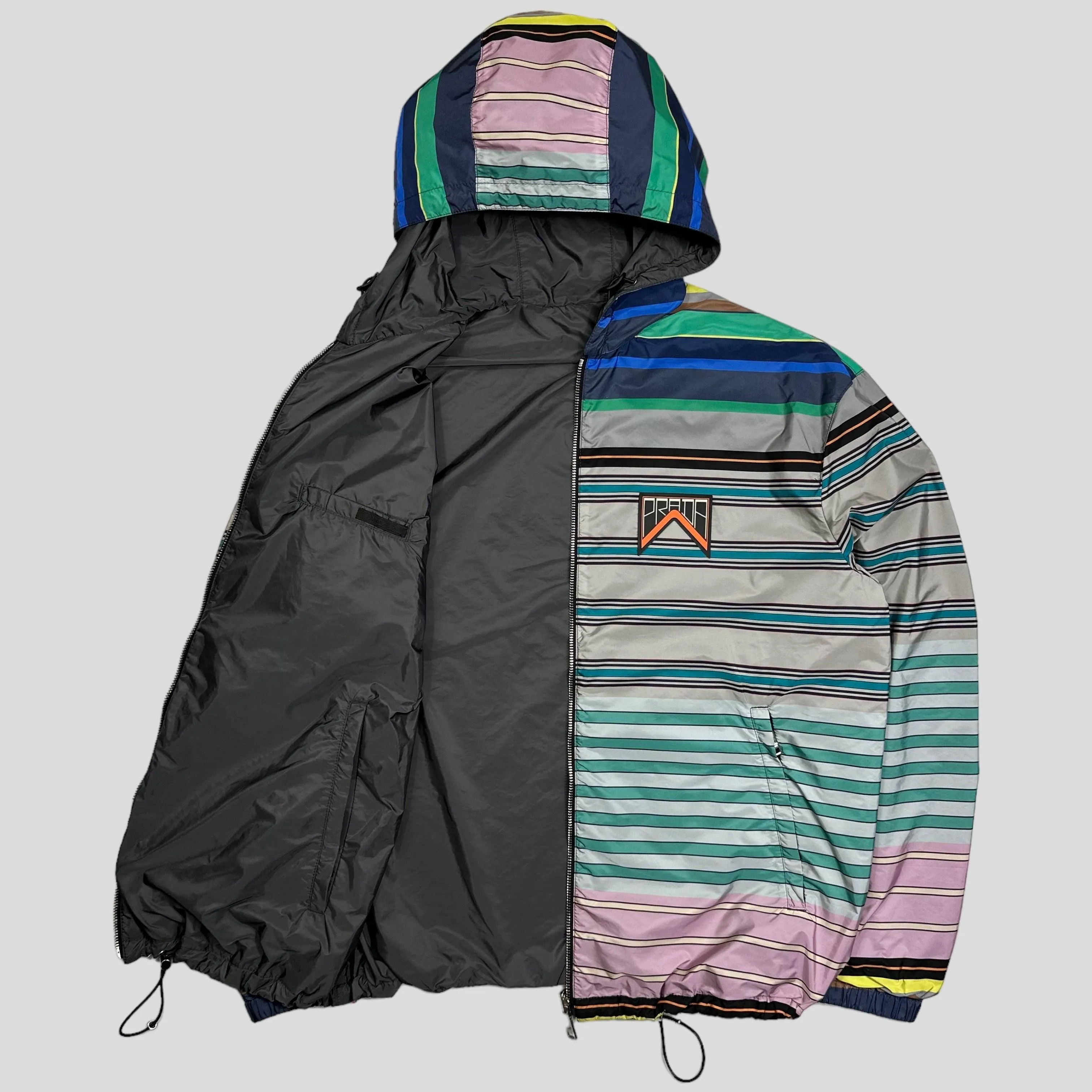 Prada Milano 2018 Reversible Striped Rubber Logo Jacket - S/M