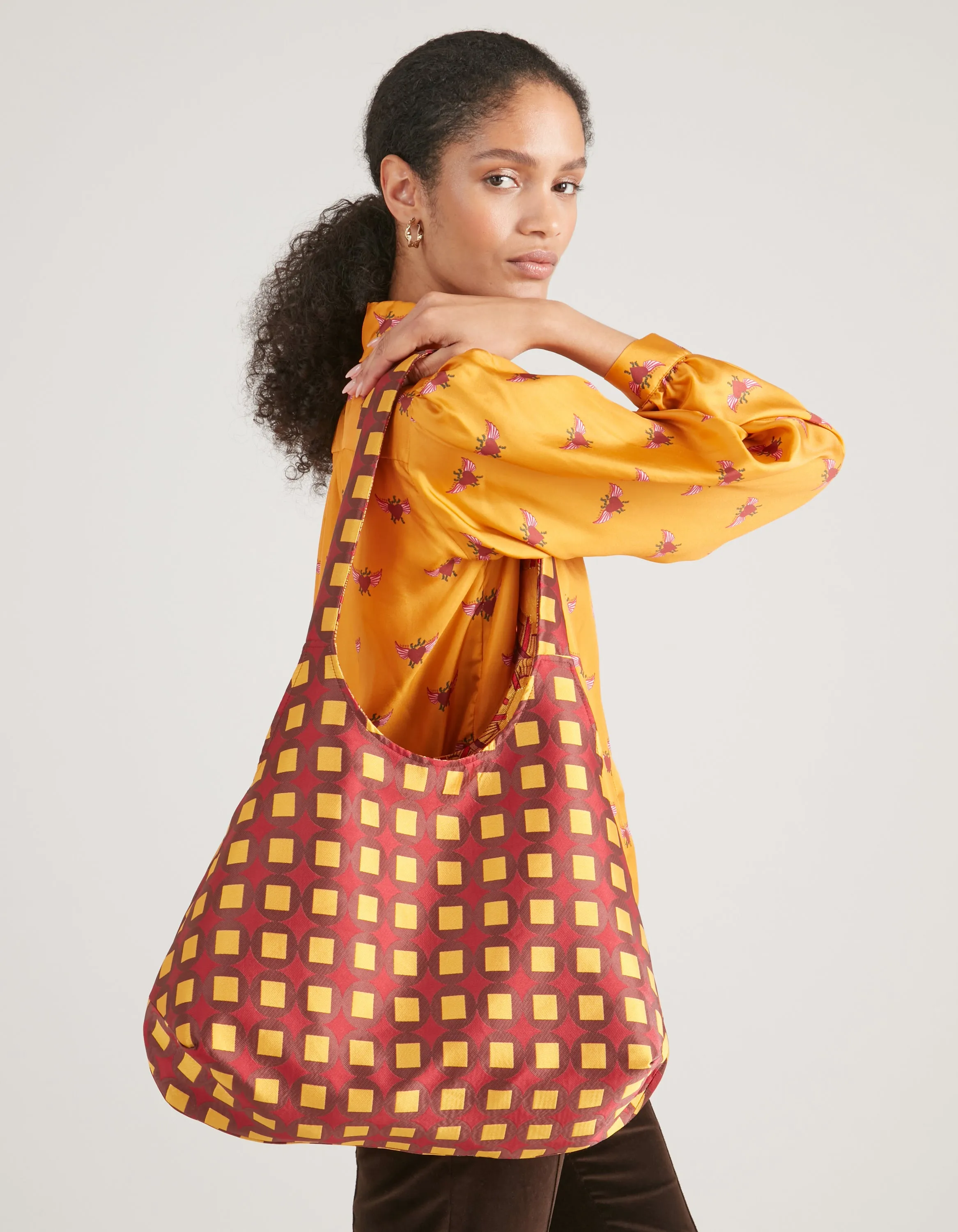 Purple And Yellow Print Jacquard Reversible Slouchy Tote Bag