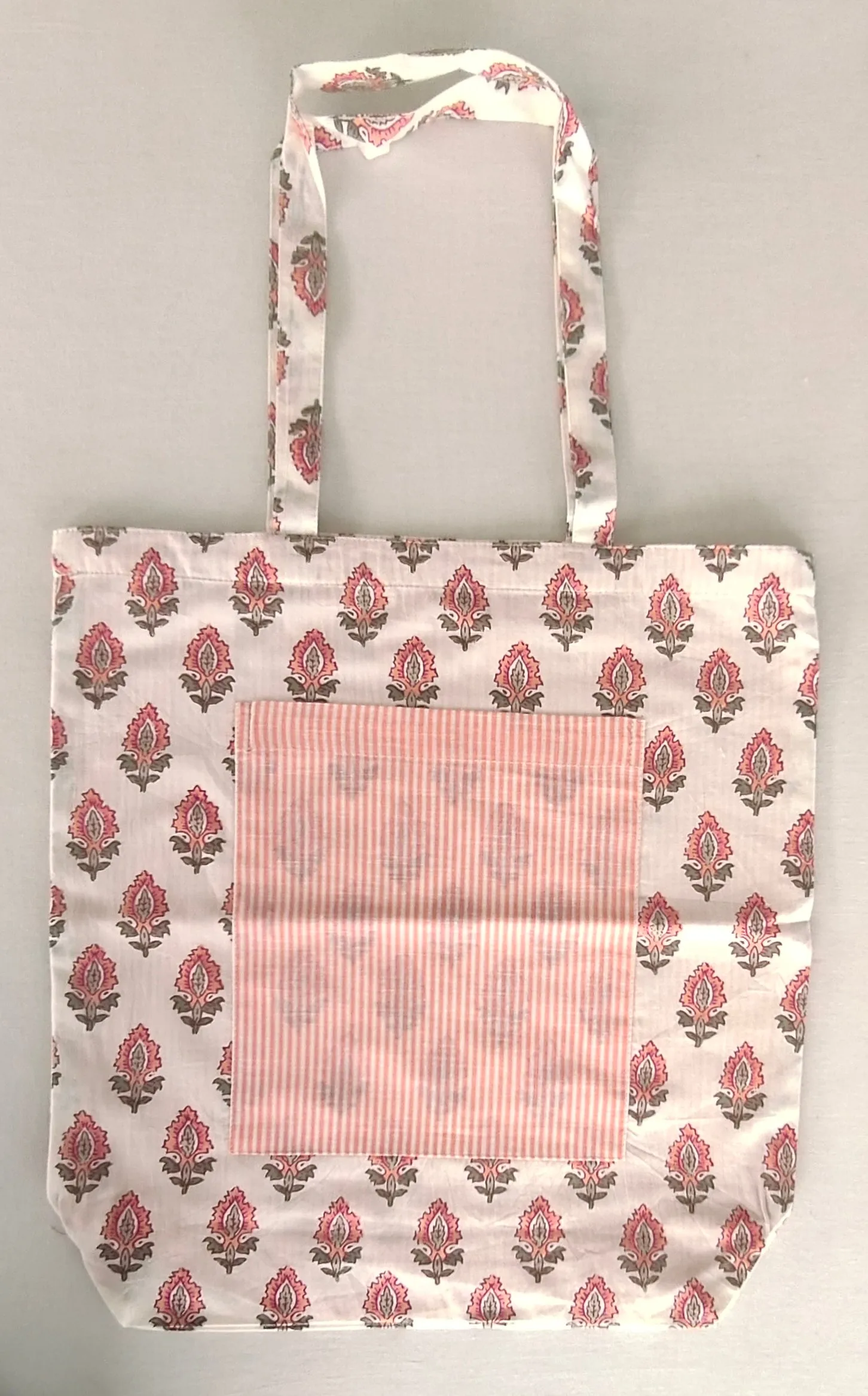 Reversible Coral Booti & stripe Tote Bag with Extra Front Pocket, Easy to Carry, Cotton Fabric.