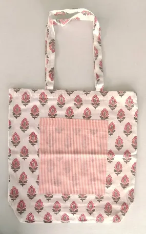 Reversible Coral Booti & stripe Tote Bag with Extra Front Pocket, Easy to Carry, Cotton Fabric.