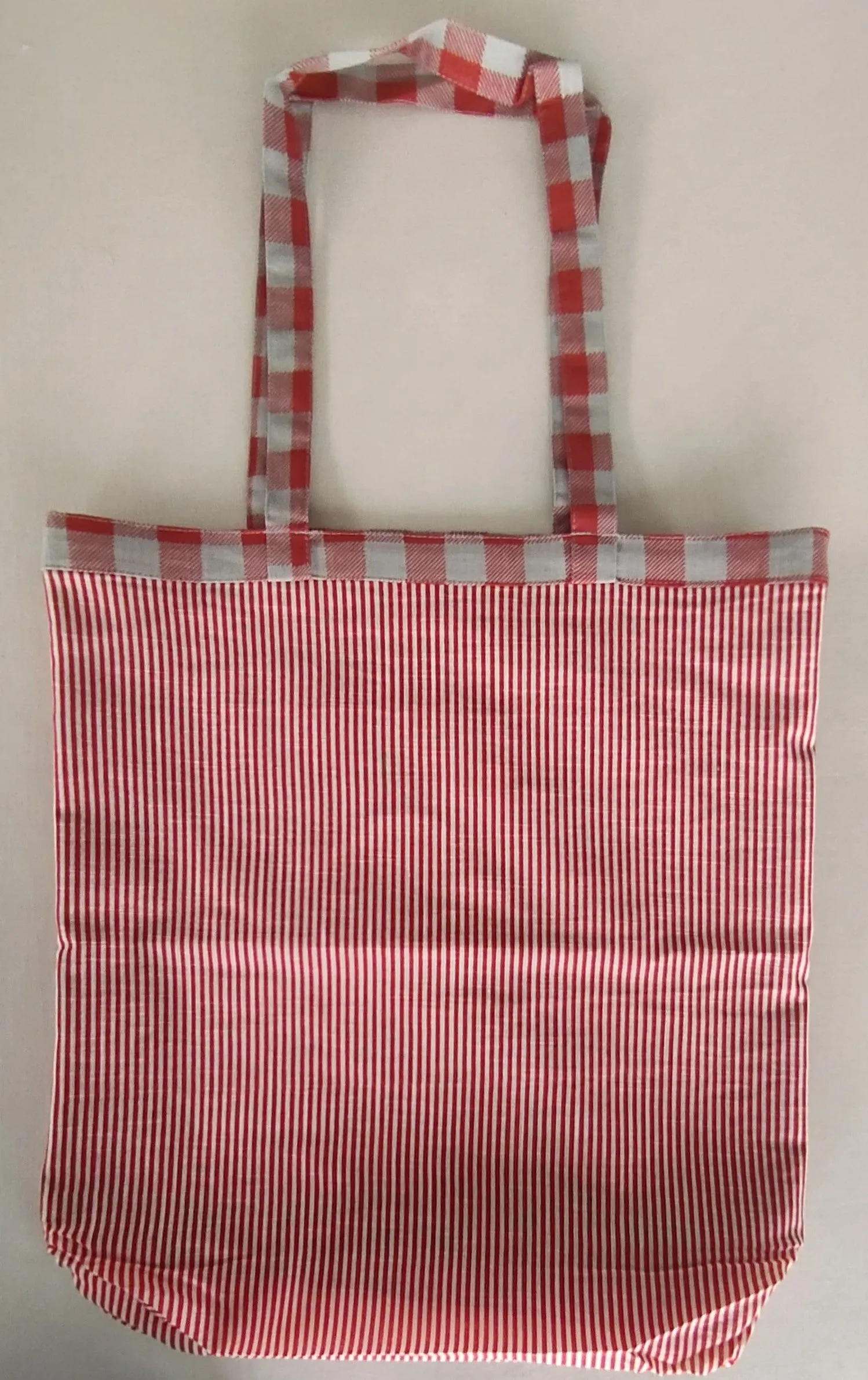 Reversible Red Checks & stripe Tote Bag with Extra Front Pocket, Easy to Carry, Cotton Fabric.