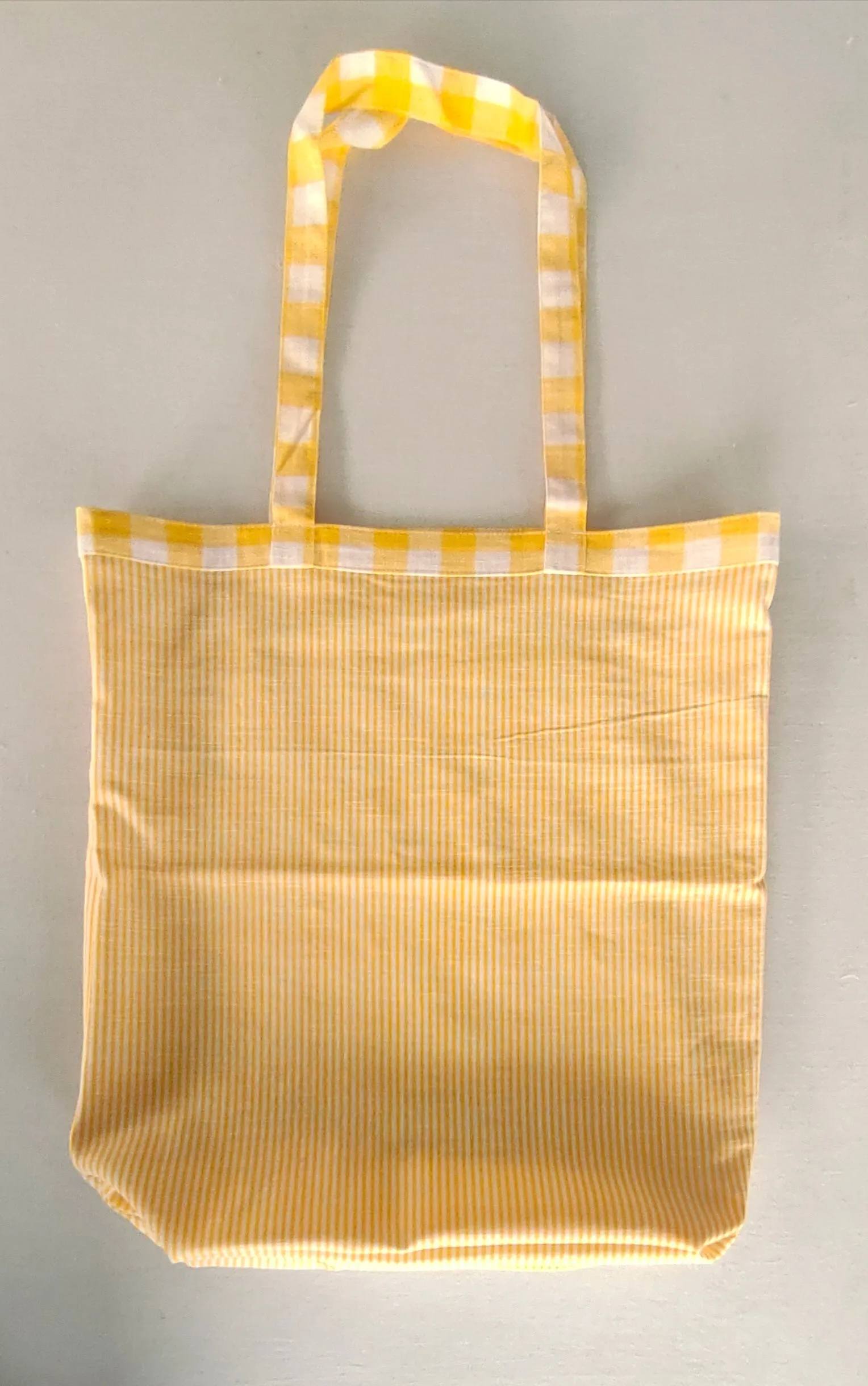 Reversible Yellow Checks & stripe Tote Bag with Extra Front Pocket, Easy to Carry, Cotton Fabric.