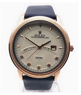 RLX DayTona 3ATM Swiss Dark Blue Leather Men's Watch For Man RLX-3-09 White Dial Gold Case Date Gift Watch