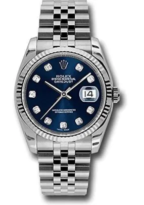Rolex Oyster Perpetual Datejust 36mm Stainless Steel Case, 18K White Gold Fluted Bezel, Blue Dial, Diamond Hour Markers And A Jubilee Bracelet.