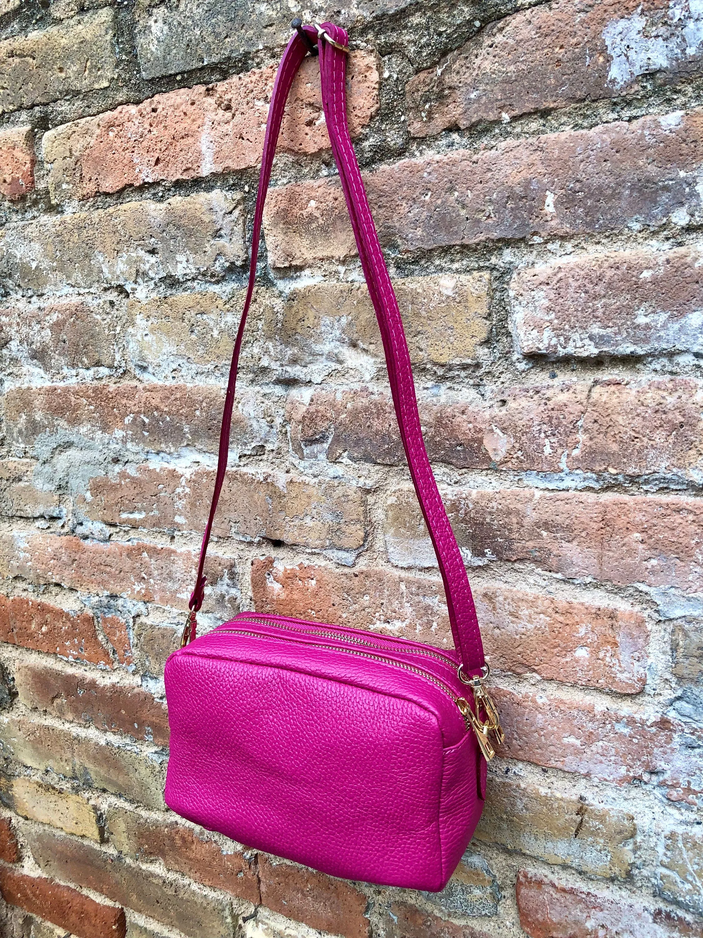 Small leather bag in fuchsia pink. Cross body bag, shoulder bag in GENUINE leather. Hot pink purse. Adjustable strap   zippers. Gold accents