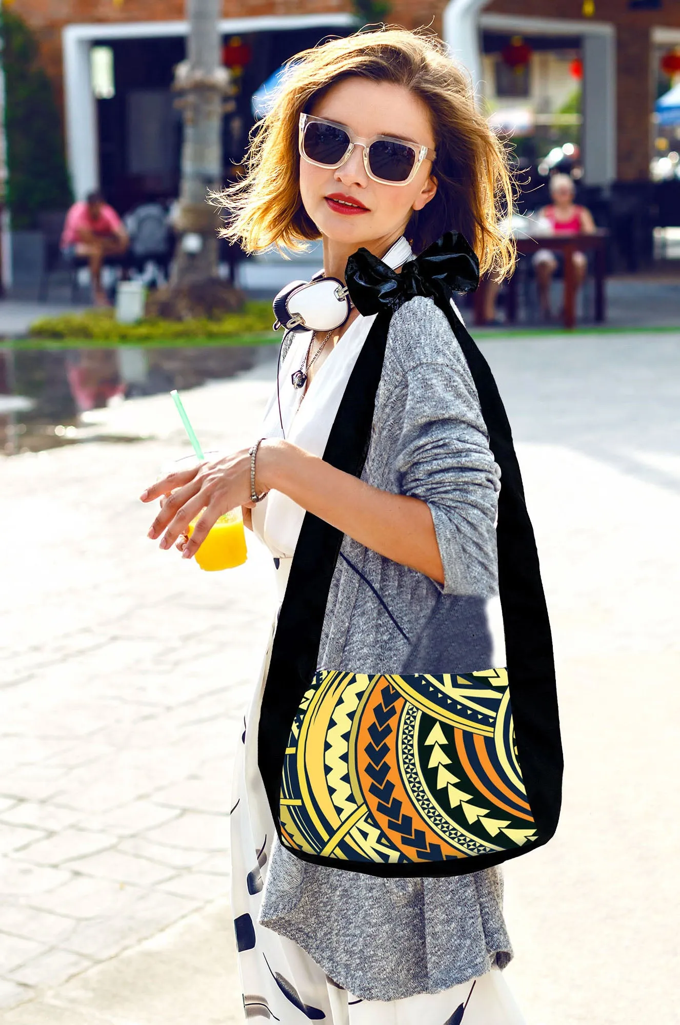 Sunne Tropical Polynesia Hawaiian Tribal Tattoo Adjustable Reversible Packable Tote Bag BLUE