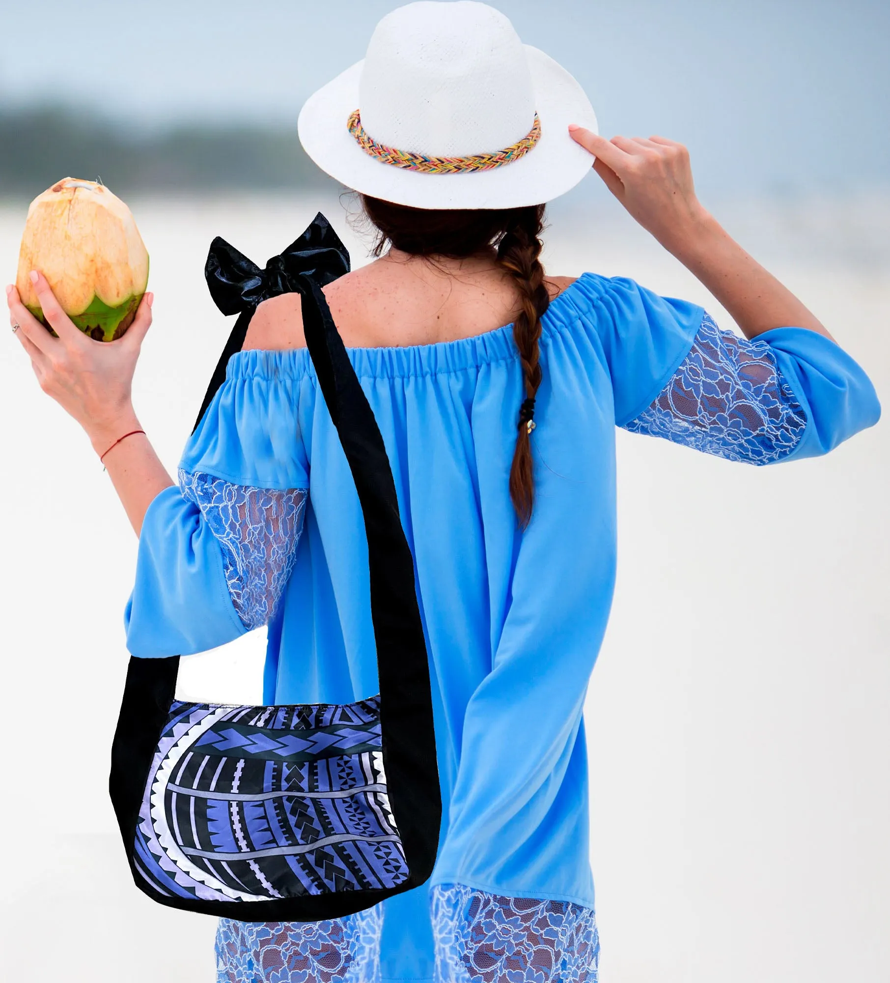 Sunne Tropical Polynesia Hawaiian Tribal Tattoo Adjustable Reversible Packable Tote Bag BLUE