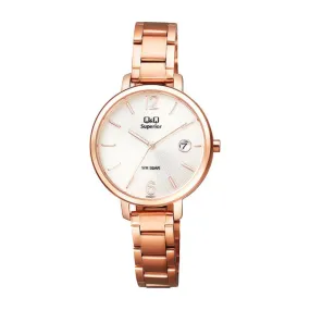 WW1513 Q&Q Superior Date Stainless Steel Rose Gold Ladies Chain Watch S325J011Y