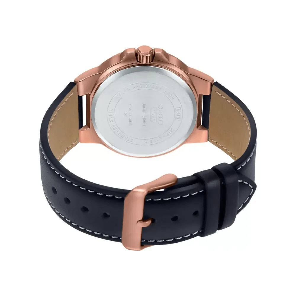 WW1807 Casio Enticer Date Stainless Steel Rose Gold Leather Belt Watch MTP-E173RL-5AVDF