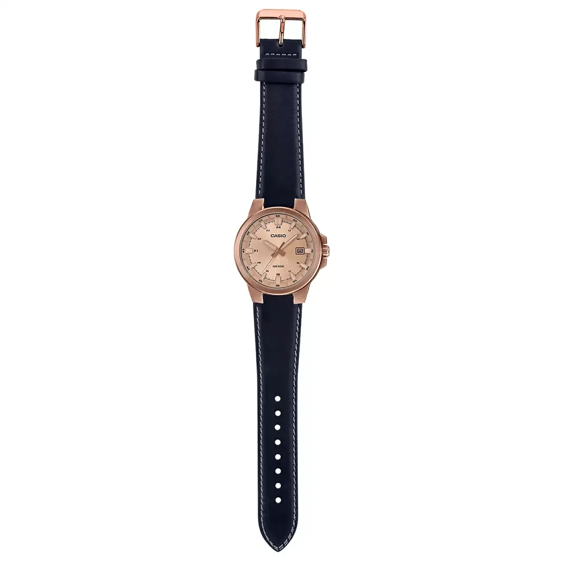 WW1807 Casio Enticer Date Stainless Steel Rose Gold Leather Belt Watch MTP-E173RL-5AVDF