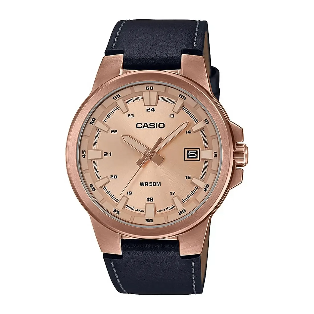 WW1807 Casio Enticer Date Stainless Steel Rose Gold Leather Belt Watch MTP-E173RL-5AVDF